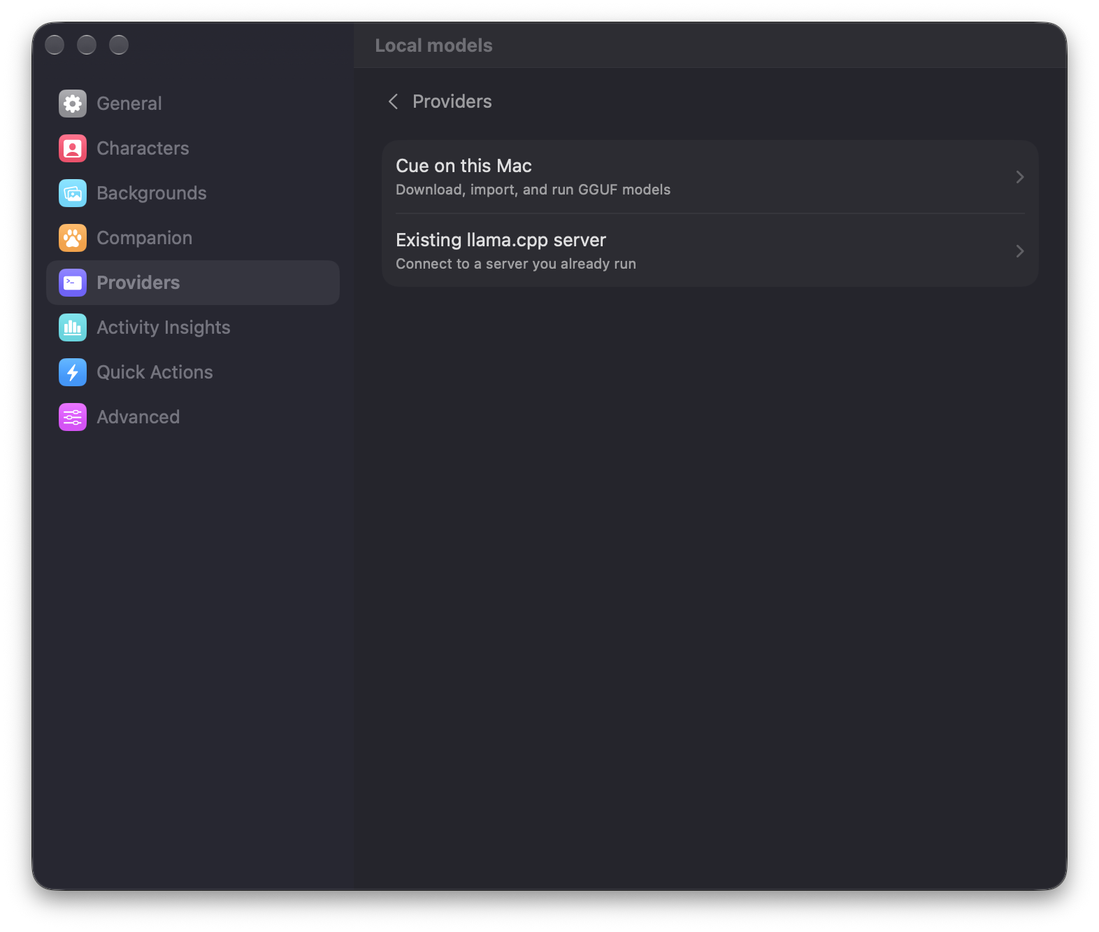 Cue’s Local models settings with Cue on this Mac and Existing llama.cpp server.